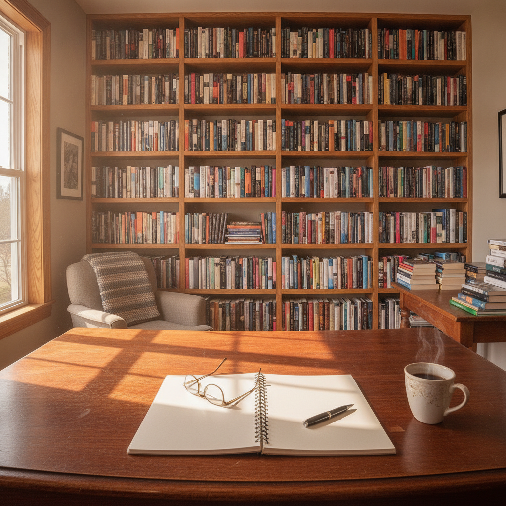 A wooden review desk with notebook and reading glasses in front of full bookshelves